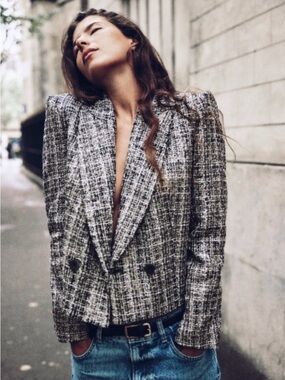 NWT Zara Checkered Lapel Collar Double Breasted Buttoned Cropped Blazer